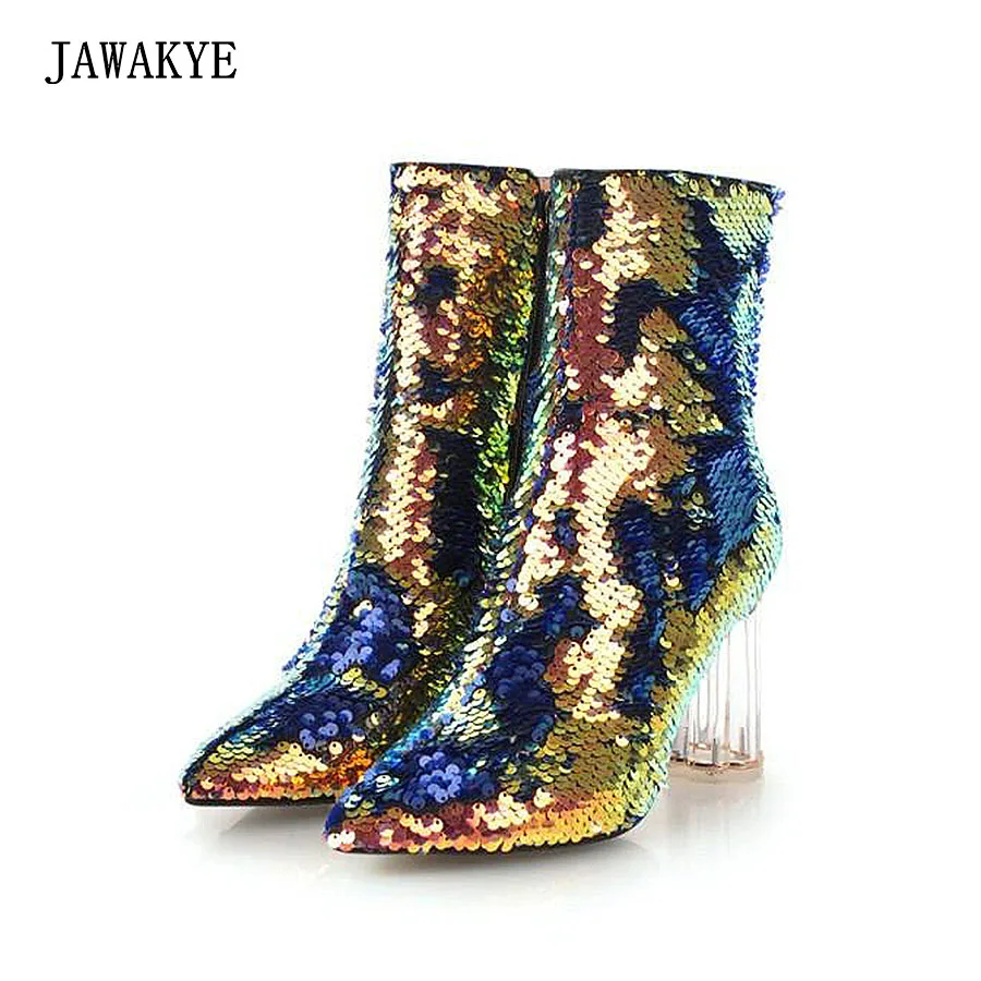 

2018 New Bling Bling Ankle boots Women Pointed toe Sequined Chunky high heels Party Boots Clear heels Women Shoes zapatos mujer