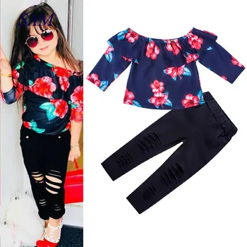 

2019 ins autumn new girls clothing sets word collar long sleeve flower top + hole trouser 2 pcs clothes suit for children