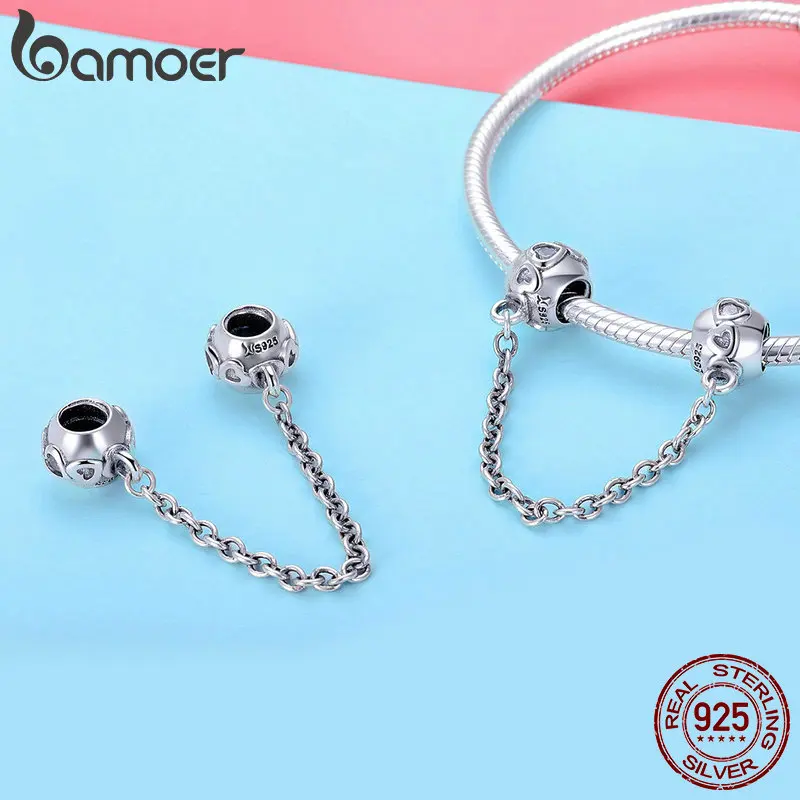 BAMOER Genuine 100% 925 Sterling Silver Romantic Heart Safety Chain Charm fit Women Charm Bracelets DIY Jewelry Making SCC736