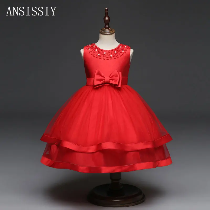 

Fashion Girls Beading Bow Dress Color Red Sleeveless Mesh Bow Tie Everyday Party Summer Princess Wedding Layer Dresses Clothes
