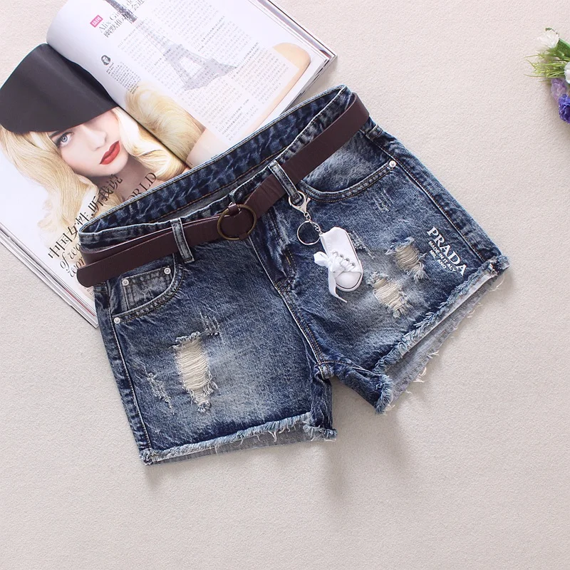 

2019 Blue Women's Denim Shorts Letter Summer Spring Nostalgic Mid Waist Jeans Hole England Style 100% Cotton Denim Shorts K9637