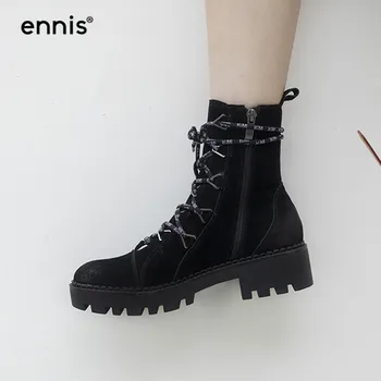 

ENNIS 2019 Black Platform Lace Up Boots Women Cow Suede Leather Ankle Boots Low Heel Shoes Autumn Winter Boots Fashion NEW A889