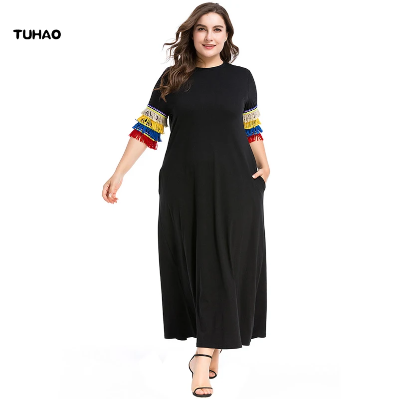 

TUHAO Black White Plus Size 4XL 3XL Female Dresses Ruffles Sleeve Office Lady Autumn Tassel Maxi Long Women's Dresses ZL64