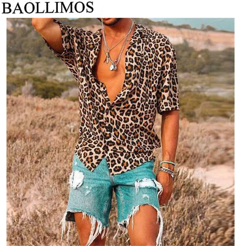 الرجال قصيرة الأكمام ليوبارد طباعة قميص الذكور فضفاض مثير الصيف عارضة رفض الرقبة بلوزة قمم زائد حجم S-3XL الرجال قميص