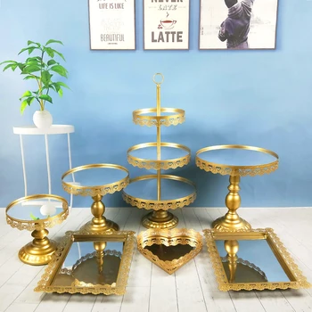 

1-7pcs new design hot sale wedding metal decoration with crystal mirror cupcake cake stand holder rack
