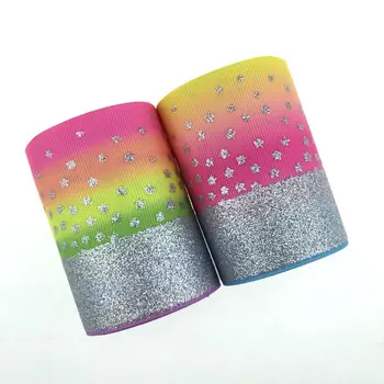 

3" 75mm silver glitter printed with rainbow heat transfer grosgrain ribbon , very soft to make big bow