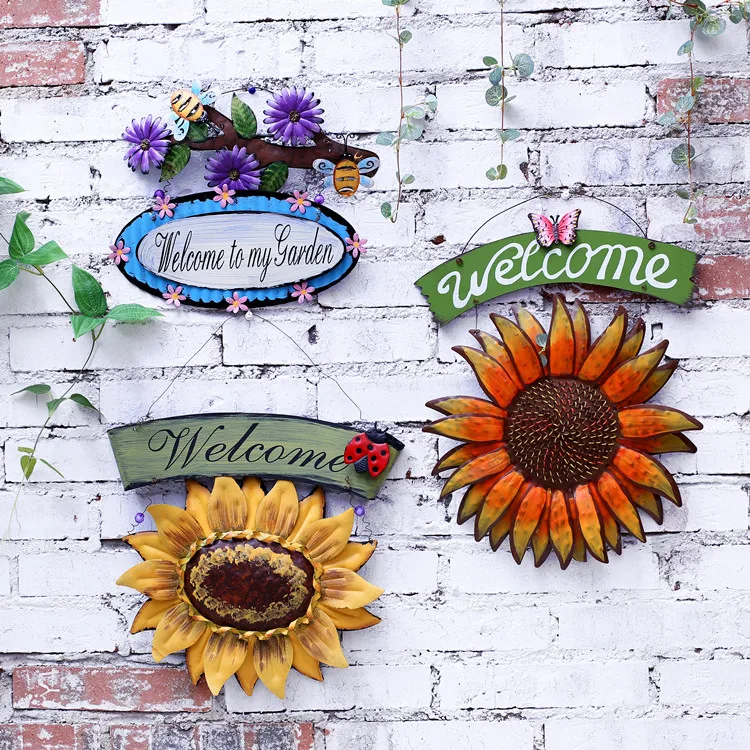

Vintage Metal Hanging Ladybird Sunflower Welcome Sign Wall Art Yard Outdoor Patio Fence Door Decor