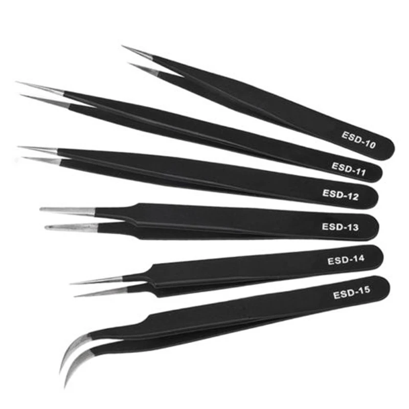 

6pcs Anti-static Tweezers Bend+Straight New Tweezers Set Stainless Steel Industrial Cross Tweezers Sewing Accessories Tools New