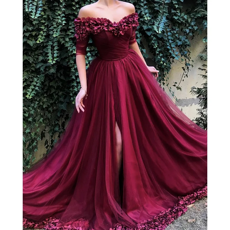 Elegant Carmine Prom Dresses Off Shoulder Handmade Embroideries Rose Petals Tulle Fabric Evening Dresses Special Occasions