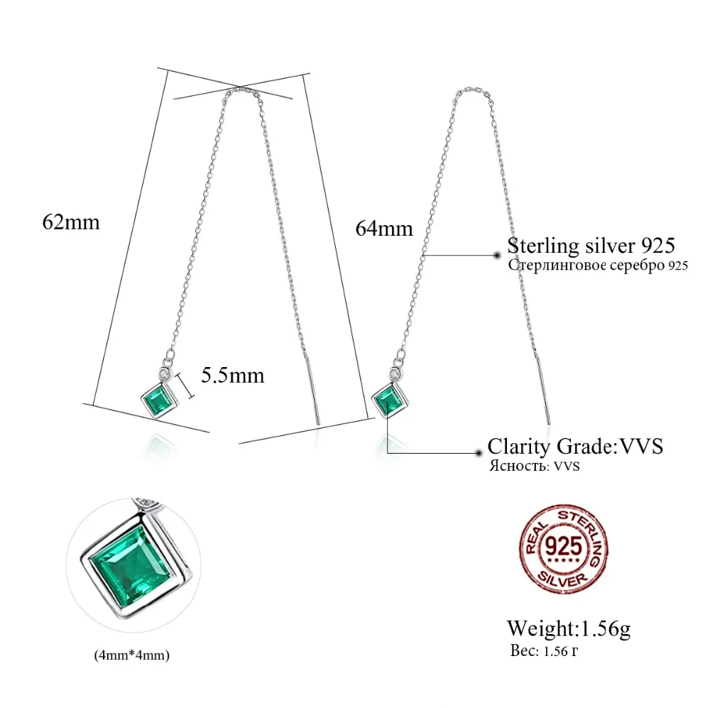 CZCITY из чистого 925 пробы серебра длинные звенья цепи висячие серьги завораживающие 4 мм квадратный камень Boucles d'oreuilles Pour Les Femmes