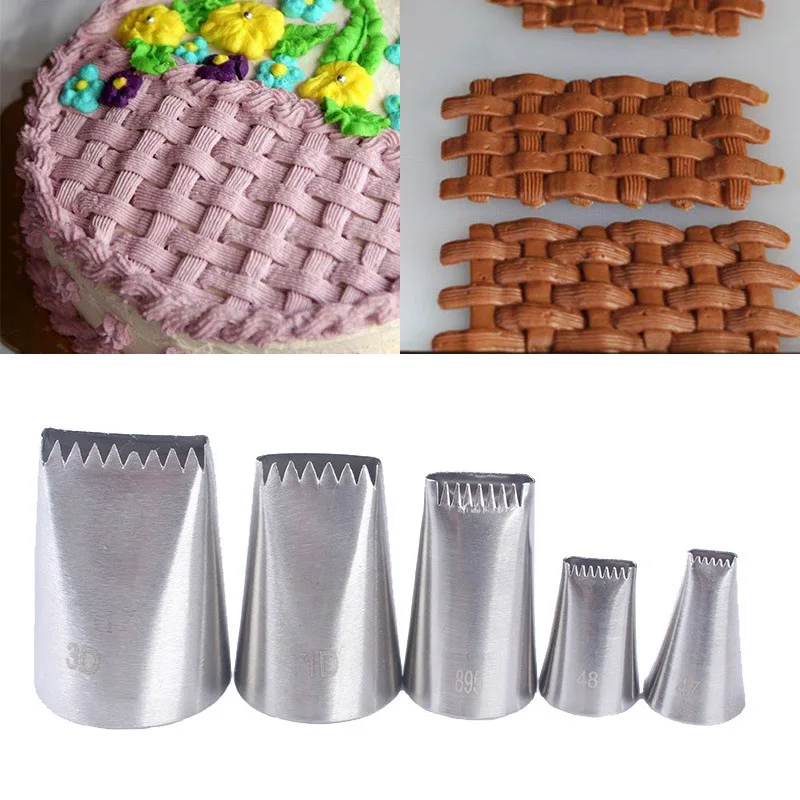 

5Pcs/set Stainless Steel Cake Icing Piping Nozzle Basket Weave Pastry Tips Cake Cream Cupcake for Sugar Craft Decorating Tools