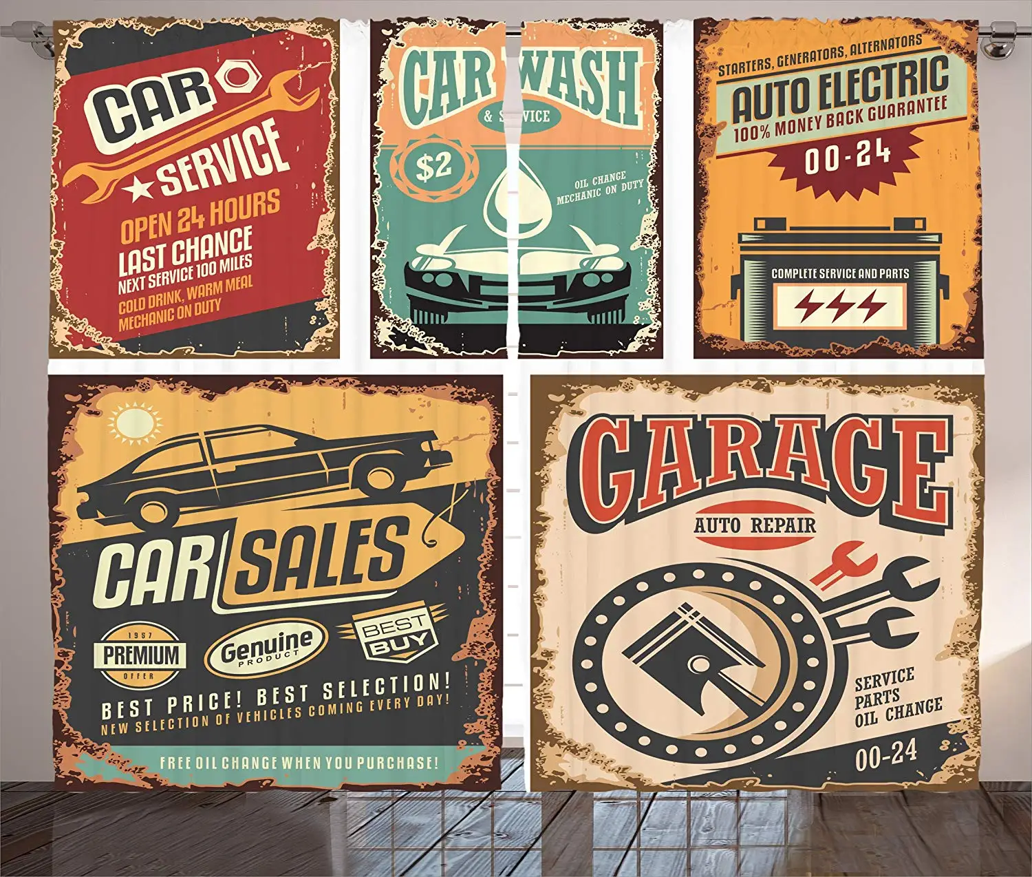 

Vintage Curtains Nostalgic Art Auto Service Garage Funk Style Highway Logo Repair Road Grunge Decor Living Room Bedroom