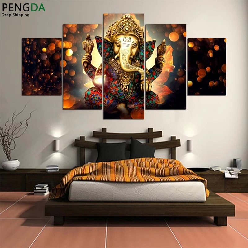 Картина на холсте, настенная живопись, домашний декор для гостиной, HD принты, 5 шт., слон, ствол, Бог, модульный плакат, Ганеша, фотографии PENGDA