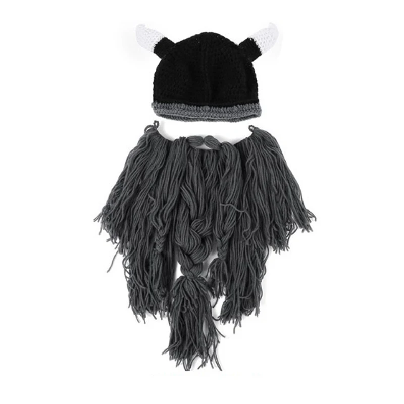  Bearded Horns Hand-knitted Hat Men Funny Gag Halloween Cap Winter Warm Handmade Barbarian Viking Beanie Beard Horn Caps CP0170  (2)