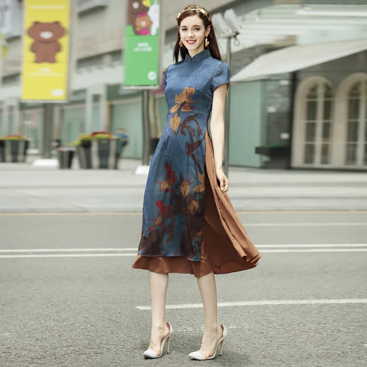 

New Autumn Asian Clothing Ao Dai Vietnam Traditional Qipao Women Chinese Slim Dress Chinoise Modern Cheongsam Flower Print Aodai