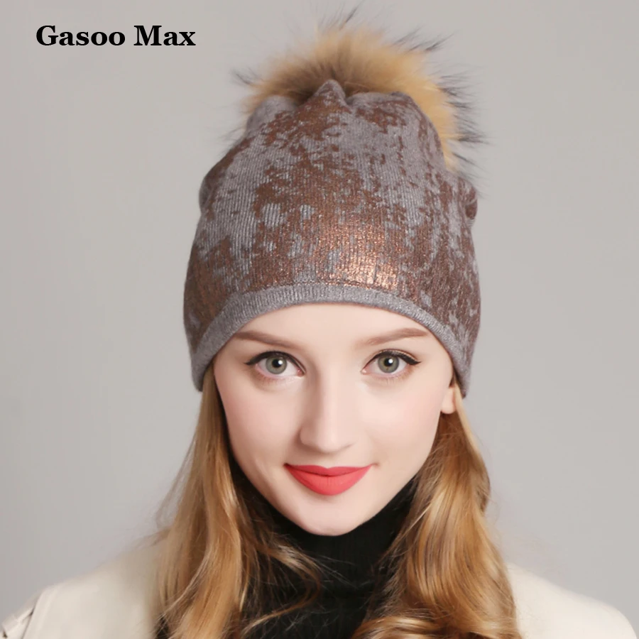 

2019 Paint Double Layer Knitted Winter Hats Women Fashion Cashmere Fur Pom Pom Hat Female Shining Warm Wool Girls Beanies