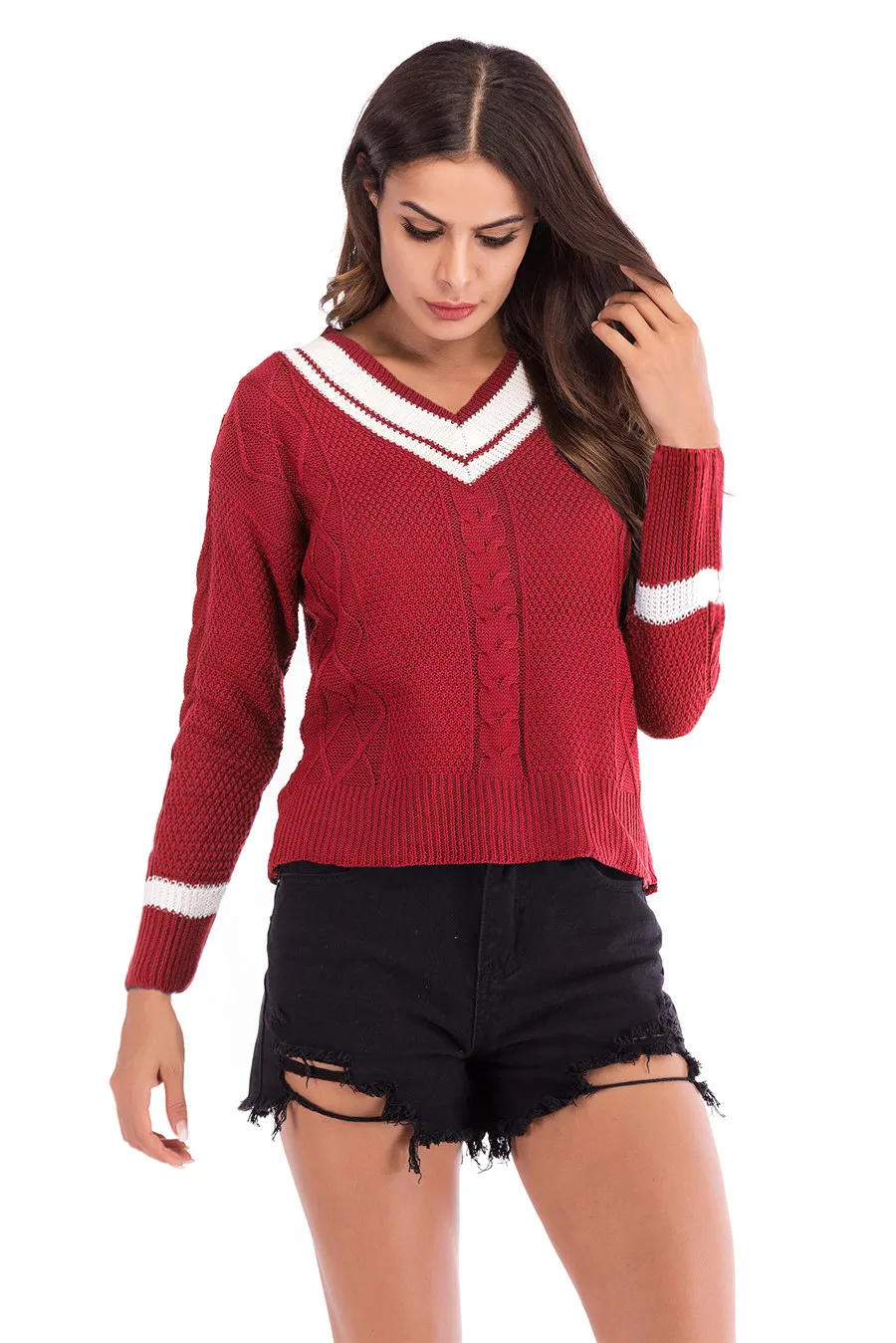 Gladiolus 2018 Striped Pullover Sweater Women V-Neck Long Sleeve Loose Autumn Winter Women Knitted Sweater Casual Jumper Tops (16)