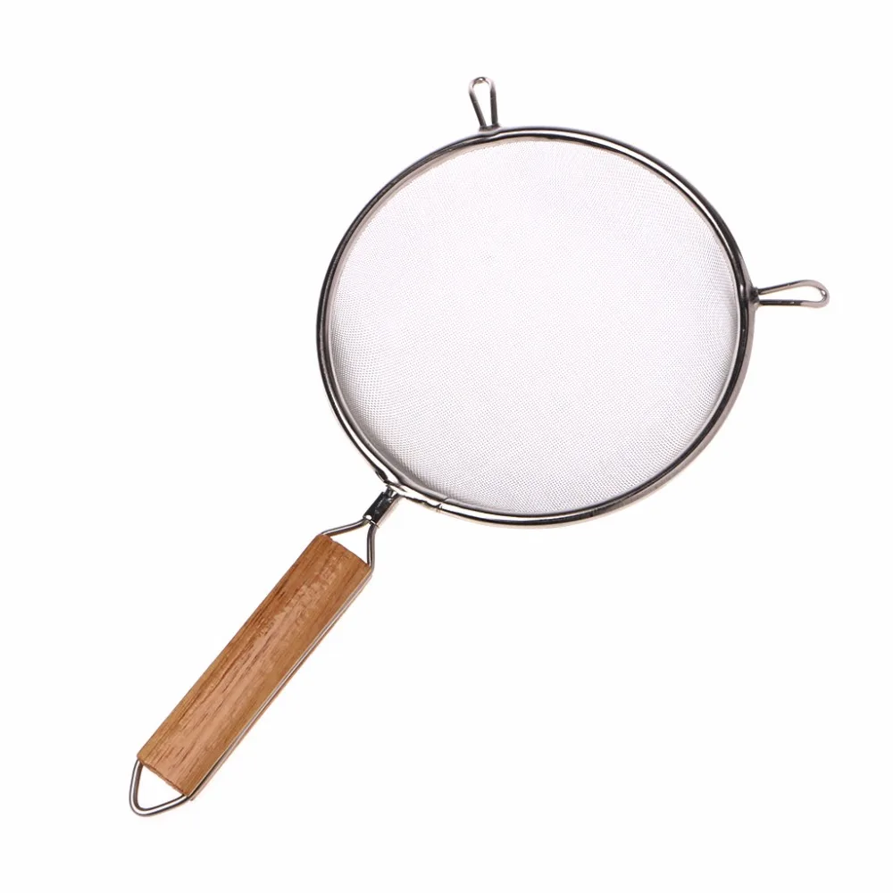Stainless Steel Double Mesh Strainer Colander Sieve Sifter Wooden