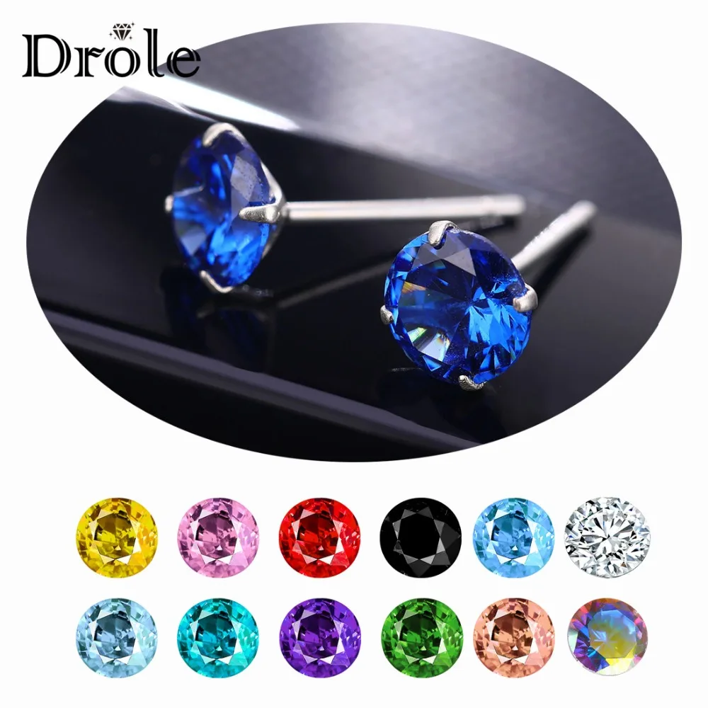 

13 Color Big Zircon Stone 925 Sterling Silver Stud Earrings for Women Fashion Jewelry 2019 New