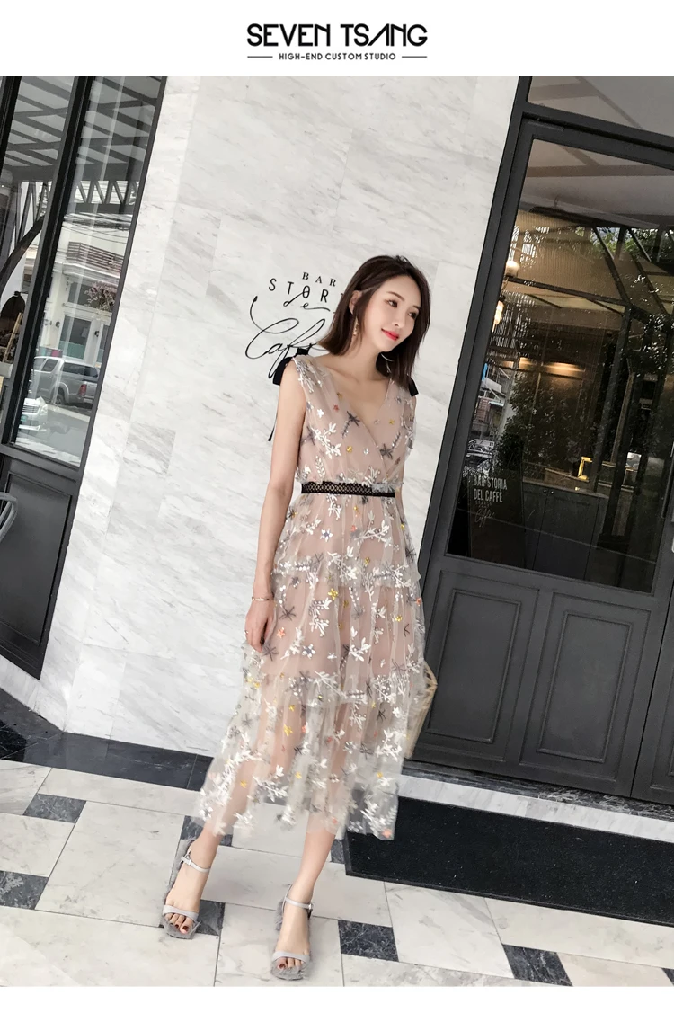 Высококачественное Плиссированное Макси-платье с v-образным вырезом, без рукавов, расшитое блестками, с цветочной вышивкой, летнее дизайнерское платье для автопортрета