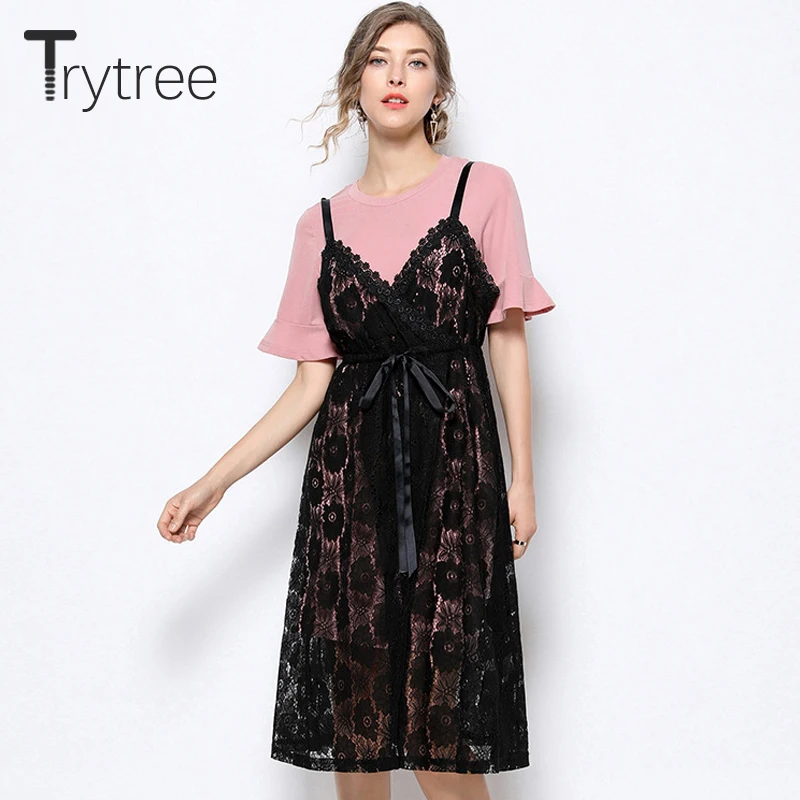 

Trytree Summer Women two piece set Casual Solid Flare Sleeve Long Top + Sling Dresses Lace Ribbons Belt Suit Set 2 Piece Set