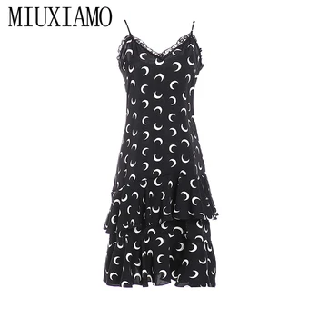 

MIUXIMAO High Quality 2019 Summer Lace Dress Newest Fashion Moon Print Knee-Length Eleghant Black Casual Dress Women vestido