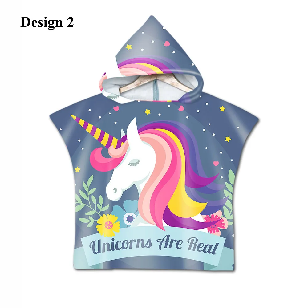 Free shipping Novelty Gift Cute Unicorn Rainbow Stars Hearts Print Microfiber Baby Kids Hooded Swim Bath Beach Towel Poncho Cape - Color: Design 2