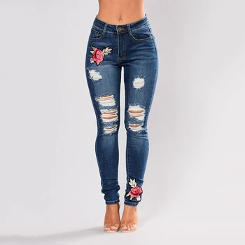 

Plus Size Embroidery High Waist Woman Jeans Skinny Casual Vintage Ripped Pants Stretch Pencil Bottom Elastic Denim Trousers