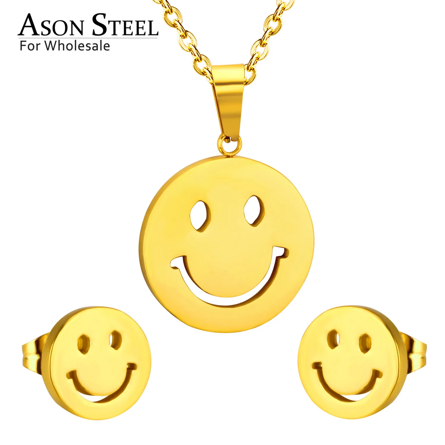 

ASONSTEEL Girl Jewelry Sets Stainless Steel Smile Face Pendant Necklace Gold/Silver Small Stud Earrings Sets Party Wholesale Gif