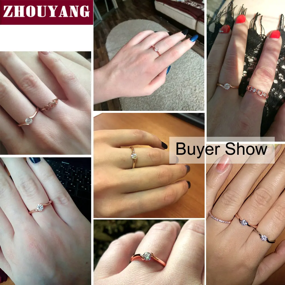 ZHOUYANG, обручальное кольцо для женщин, лаконичное, 4 мм., круглая огранка, кубический цирконий, цвет розовое золото, обручальное, модное ювелирное изделие ZYR239, ZYR422
