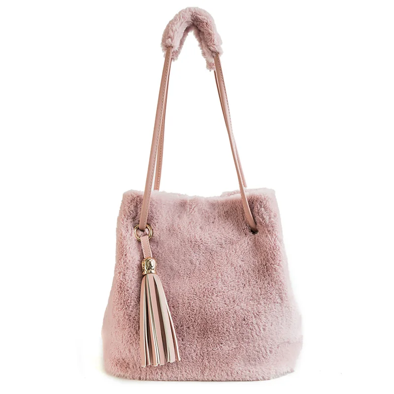 Винтажная Женская плечевая сумка-мешок топ Корейская мода дамская сумка через плечо с кисточками искусственный мех плюшевая кроличья шерсть сумки женские - Цвет: Розовый