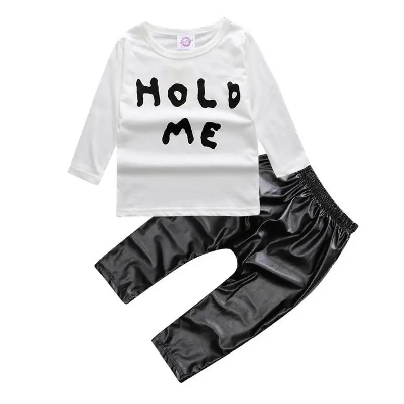 

Hot Sale Autumn Baby Boy clothes Fashion Cotton Long Sleeved Letter t-shirt+PU Pants Newborn 2pcs Suits  Baby Girl Clothing Set