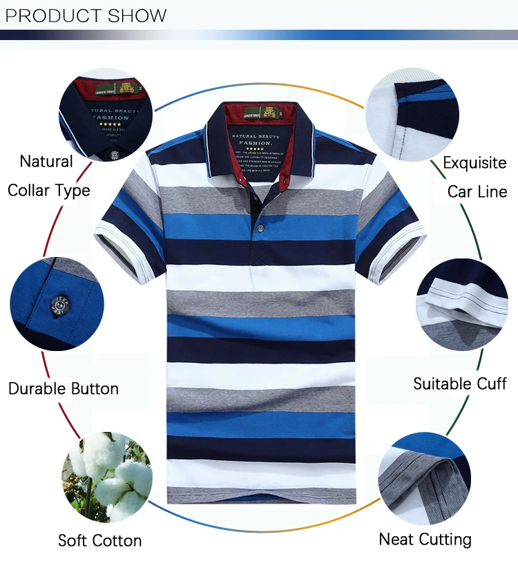 Mens Summer Casual Contrast Color Striped Printed Breathable Cotton Polo Shirt