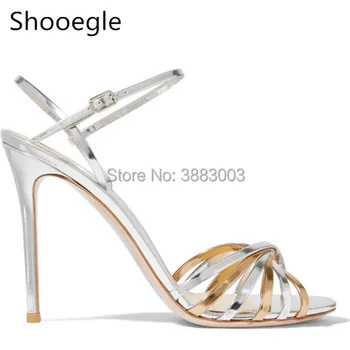 

Newest Sliver Metallic Leather Buckle Strap Thin High Heels Women Sandals Sexy Stiletto Concise Elegant Pumps for party wedding