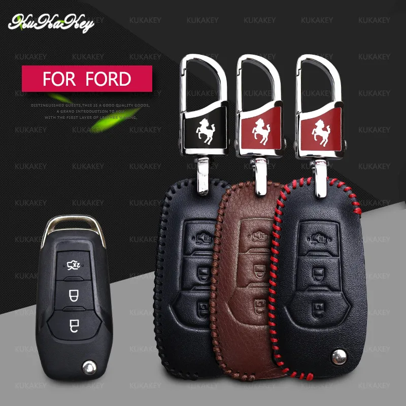 

Genuine Leather Car Key Case Cover Protection For Ford Edge Mondeo Mustang Remote Key Case 3 Buttons Key Shell Accessories