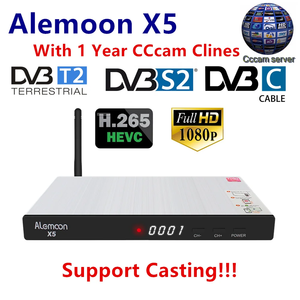 

ALEMOON X5 DVB Combo decoder DVB-S2/T2/C Smart satellite Receiver Casting 4K H.265+1 year Europe Spain Poland Italy CCcam Clines