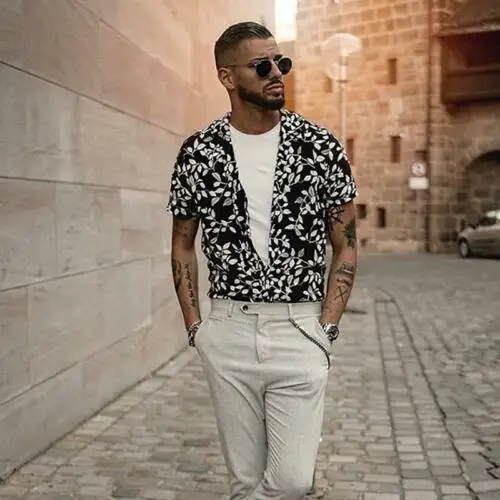 Men Hawaiian Shirt Beach Flower Party Summer Holiday Fancy Tops Short Sleeve Tee