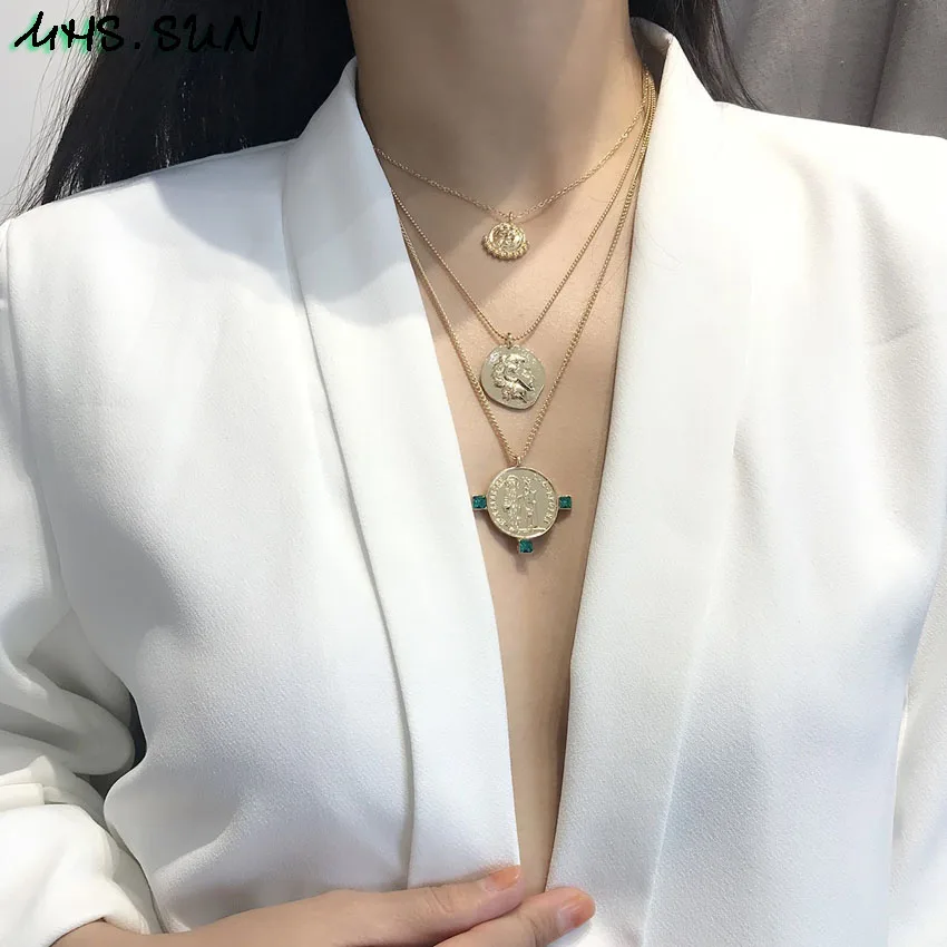 35 (3)Fashion Layered Necklace Women Chain Necklace Gold Color Vintage Sweater Necklace Trendy Jewelry For Female Gift 1Pcs
