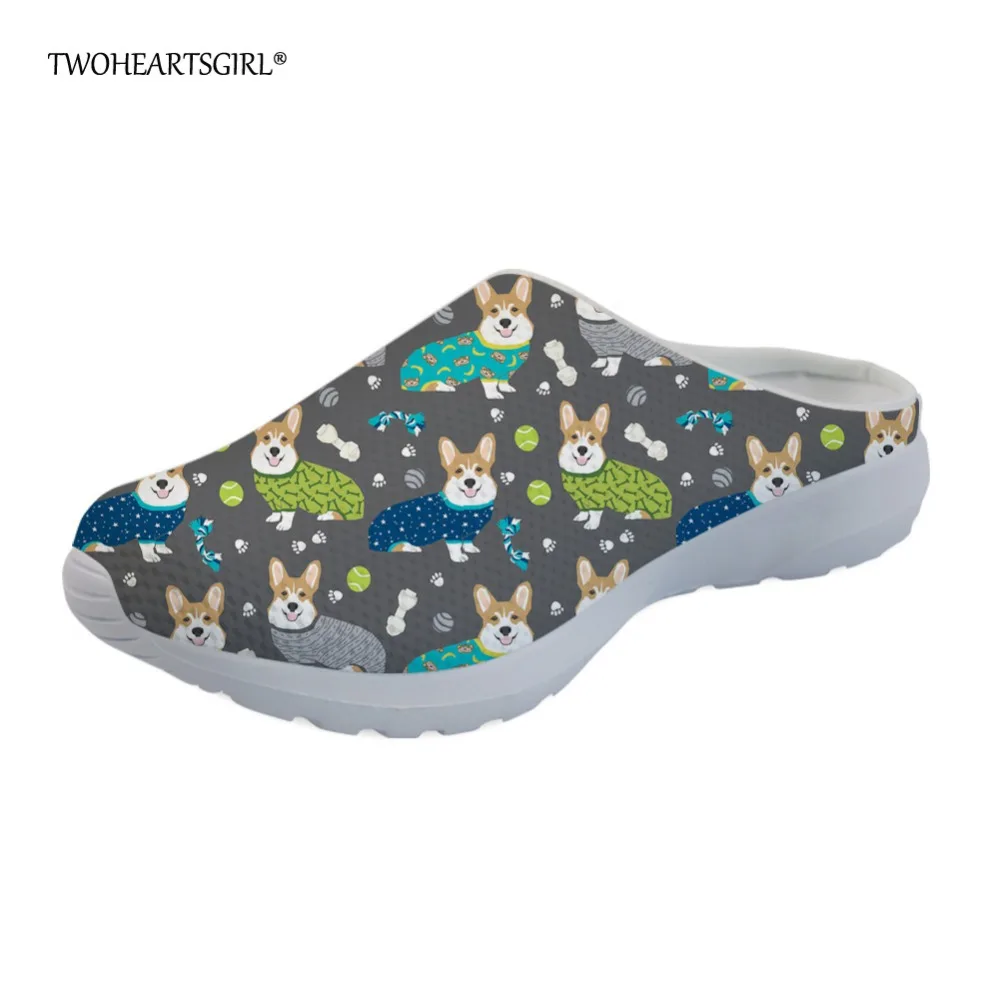 

Twoheartsgirl Cute Floral Corgi Dog Mesh Slippers for Women Spring Summer Women Flat Mesh Slippers Kawaii Ladies Mesh Sandals
