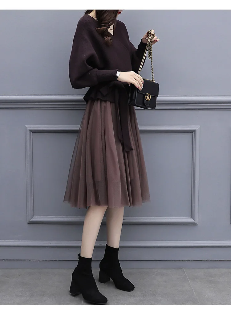 Женское элегантное Бандажное Тюлевое платье размера плюс 4XL, новинка, весеннее женское вязаное платье-свитер с v-образным вырезом и длинным рукавом, 2 предмета 589