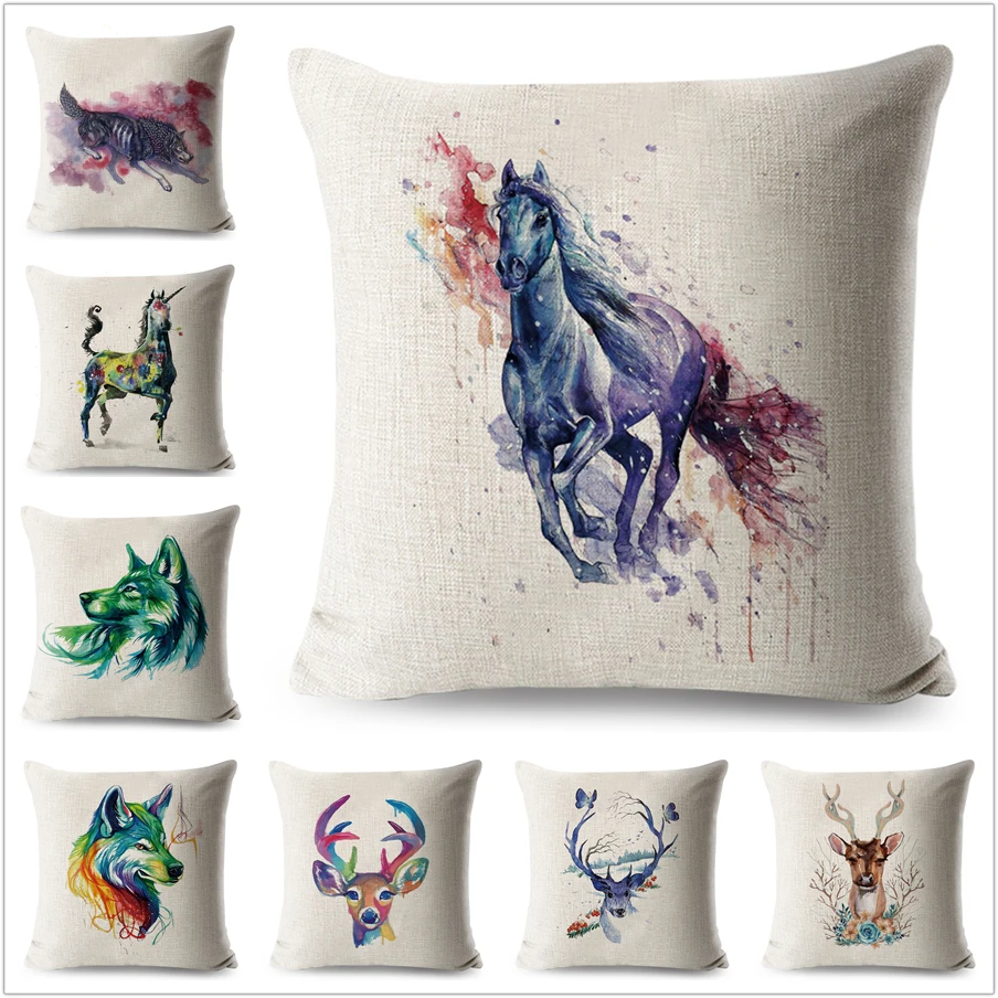 

Watercolor Horse Cushion Cover Linen 45*Decorative Cartoon Animals Pillowcase for Sofa Home Colorful Wolf Deer Throw Pillow case