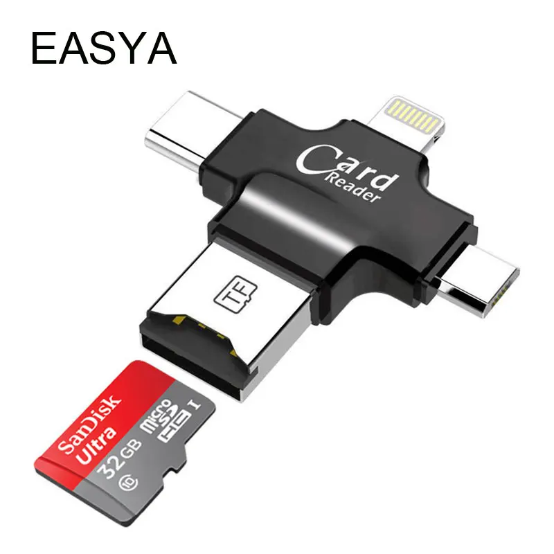 EASYA 4 в 1 OTG карта адаптер считывателя USB памяти с слот карты Micro SD для type-c/Lightning/Micro USB/USB 2,0 интерфейс использования