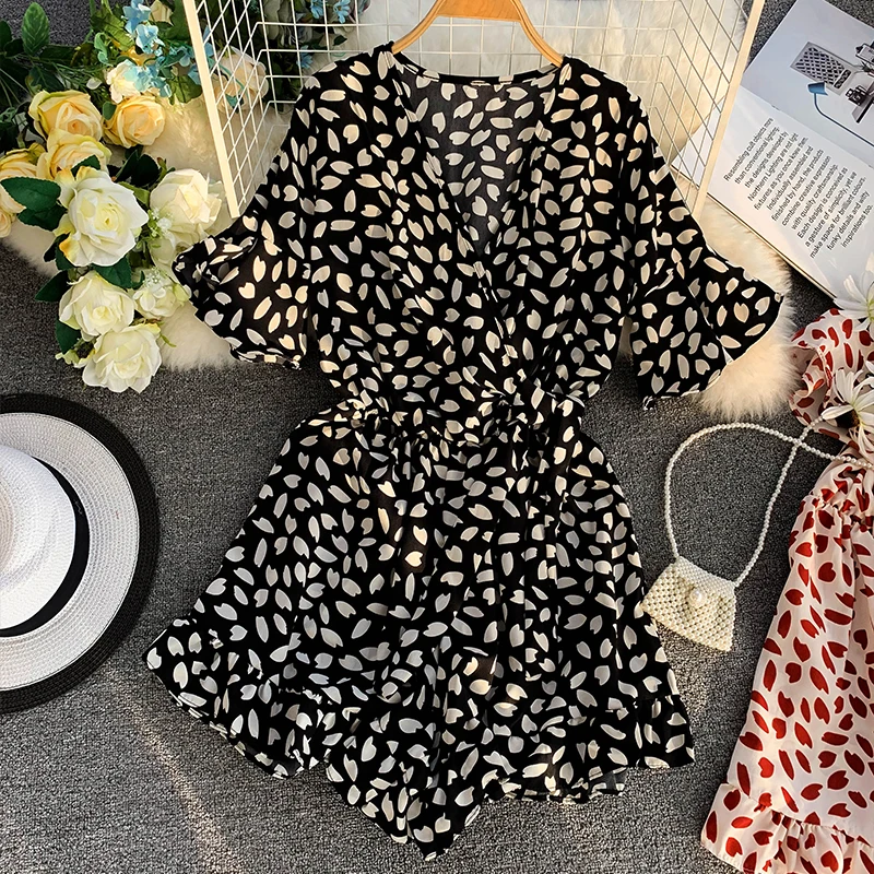 

New Summer Women Casual Beach V-neck Printed Flowers Playsuit Wide-leg Waistband Ladies Trumpet Sleeves Romper Overalls