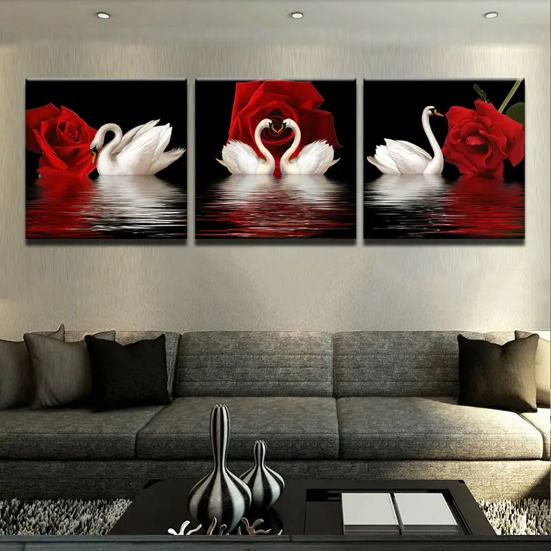 

Wall Art Picture Home Decoration Living Room Canvas Print Wall Picture 3 Panel White Swans Red Roses Flowers Printing On Canvas