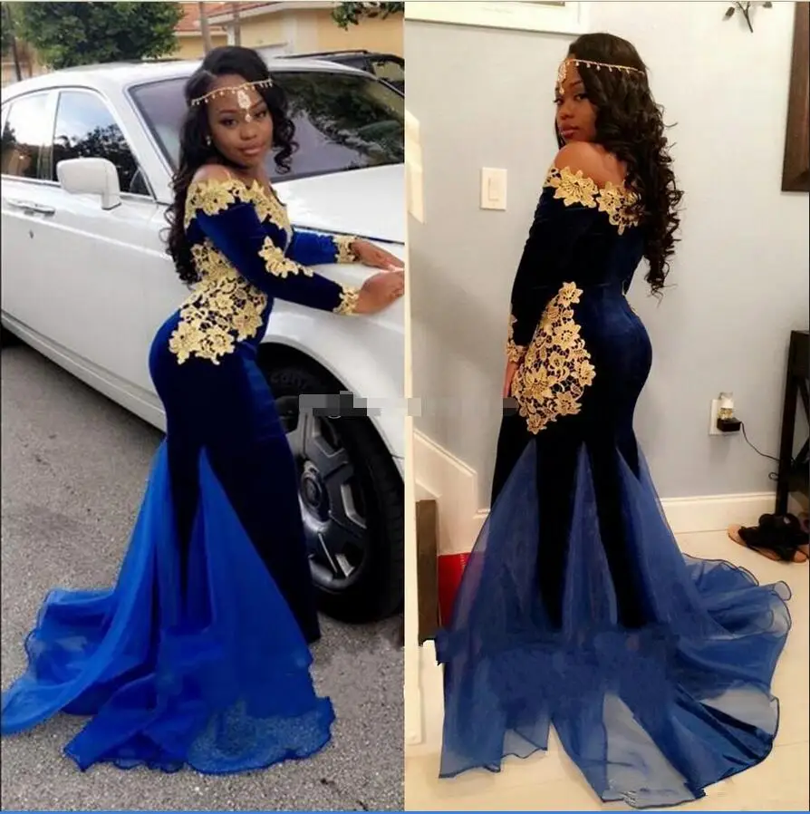 Royal Blue Velvet Gold Lace Black Girl Prom Dresses 2017 Off Shoulder Long Sleeve Mermaid Train