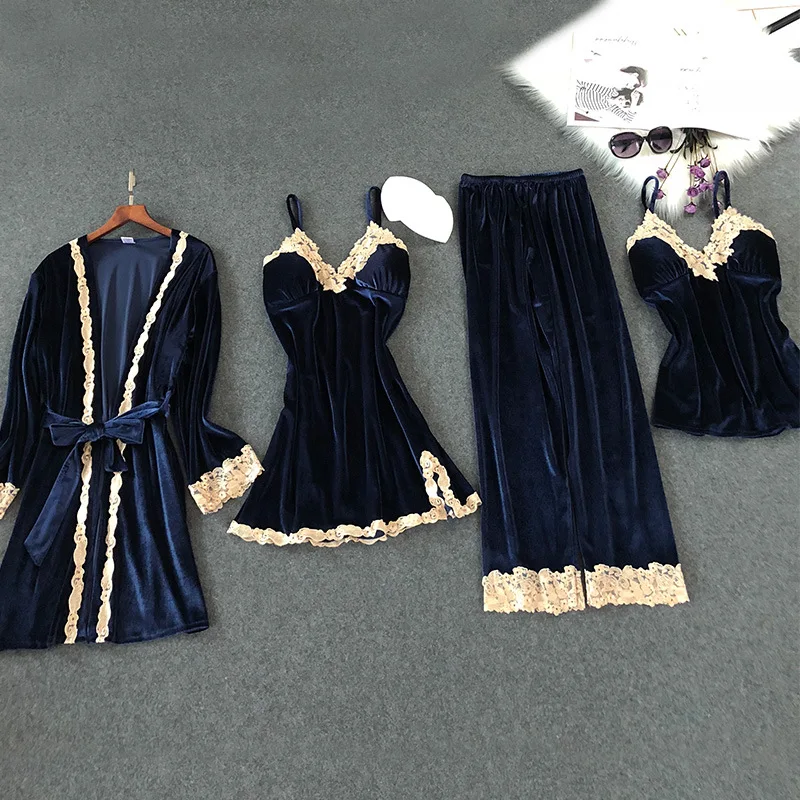 Lisacmvpnel осень и зима золотой бархат 4 шт. пижамы сексуальные кружева Держать Теплый кардиган+ ночные рубашки+ брюки пижамные комплекты для женщин - Цвет: Dark Blue