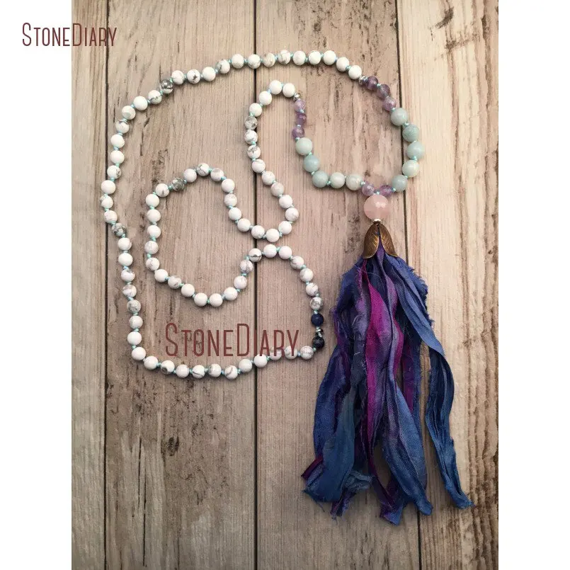 20180313-NM11111-Gemstone Mala Necklace Sari Silk Tassel 108 Mala Necklace Mala Beads Boho Tassel Amethyst and Amazonite Hand Knotted Yoga Jewelry Lotus_2