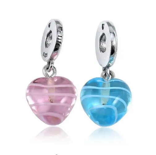 

2018 Spring New 925 Sterling Silver Beads Pink Ribbon Heart Dangle Charm With Murano Glass for Women Jewelry DIY Accessories