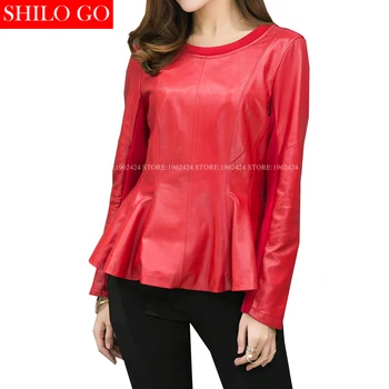 

SHILO GO Fashion Street Women's O-Neck Long Sleeve Sexy Red Ruffles Sheepskin Genuine Leather Short Blouse Ladies Concise Blouse