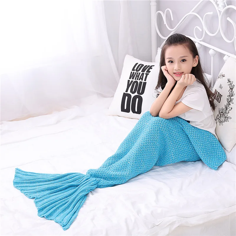 2019 autumn Yarn Knitted Mermaid Tail Blanket Handmade Crochet Kids Throw Bed Wrap Super Soft Sleeping Bag family look 140*70cm | Мать и